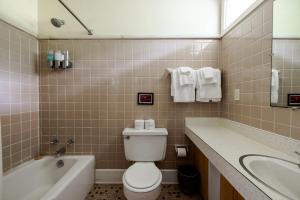 a bathroom with a toilet and a tub and a sink at The Billy Motel Pet Friendly Room with Charm in Davis