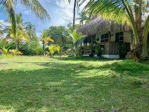 a house with a thatch roof and a yard at Zéfiro Hostal in San Bernardo del Viento