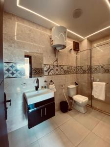 Un baño con lavabo, ducha e inodoro. en Pyramids Hotel & Free pickup shuttle, en El Cairo 10 fotos más