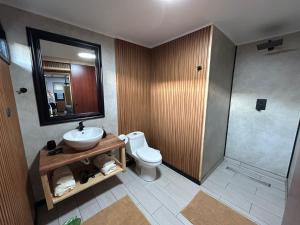 a bathroom with a sink and a toilet and a mirror at Motherhome in Melipilla +54 photos