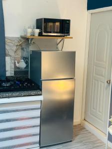 une cuisine avec un réfrigérateur en acier inoxydable et un micro-ondes dans l'établissement Habitación en Lucerna, à Cancino