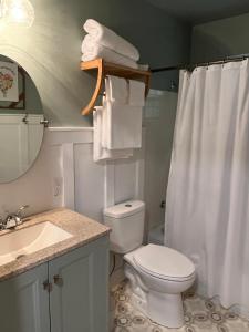 ein Badezimmer mit weißer Toilette und Waschbecken in der Unterkunft Belle Cottage in Eagle Rock + 35 Fotos