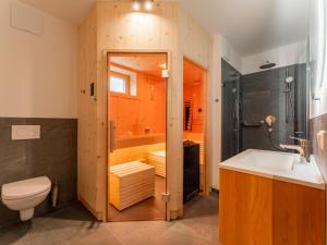 een badkamer met toilet, wastafel en douche bij Grebenzen Lodge Starnberg 60B in Sankt Lambrecht +55 foto's