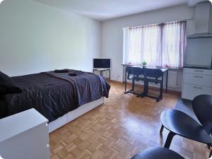 Un dormitorio con una cama y un escritorio con una computadora. en HSH Flur Inn, en Berna