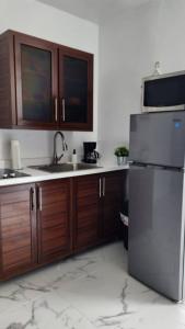 a kitchen with a stainless steel refrigerator and wooden cabinets at Hospedaje paz y amor in San Juan +1 photo