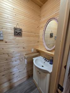 a bathroom with a sink and a mirror at Chalet COEUR de loup avec spa in Saint-Alexis-des-Monts +33 photos