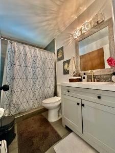a bathroom with a toilet and a sink and a mirror at Beach and Down Town Hollywood in Hollywood