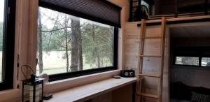 een raam in een hut met uitzicht op het bos bij Stylish Tiny House for Glamping in South Carolina in Rock Hill