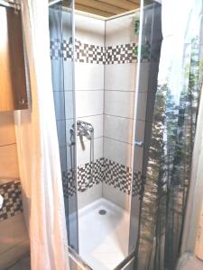 una ducha con puerta de cristal en un baño en Drevenica Viki 1, en Pribylina 15 fotos más