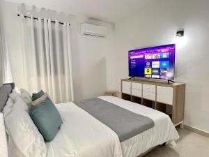 a bedroom with a bed and a flat screen tv at Rich Villa Guesthouse in Bayamon