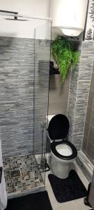 a bathroom with a toilet with a black seat at Hedeun studio in Fort-de-France +9 photos