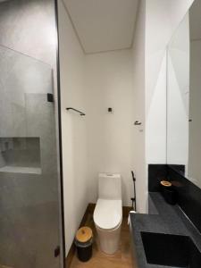 a bathroom with a toilet and a sink at 1Kitnet ao lado da Praça Leonardo Venerando in Lavras