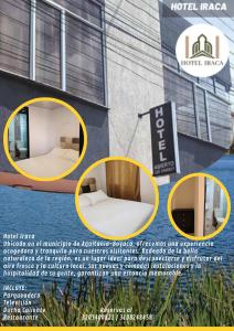 a flyer for a hotel with a bed in front of a building at Hotel Iraca in Aquitania