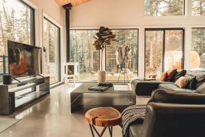 a living room with a couch and a tv at Zen House 4 - Villas & Spa in Morin Heights