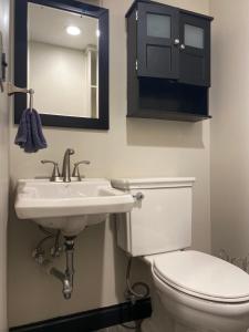 Un baño con inodoro, lavabo y espejo. en The Melrose, en Sandusky