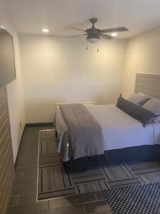 Un dormitorio con una cama y un ventilador de techo. en The Melrose, en Sandusky 9 fotos más