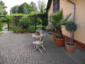 a patio with a table and chairs and potted plants at Apartments in Vetschau Spreewald 2618 in Vetschau