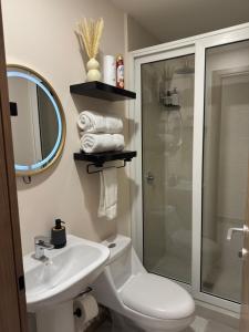 a bathroom with a shower and a toilet and a sink at Moderno y nuevo apartamento en Lirios de Miraflores in Tegucigalpa