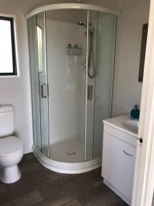 een badkamer met een douche, toilet en wastafel bij First Light in Mangawhai +11 foto's