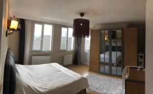 een slaapkamer met een bed en een kast met ramen bij forest villa, 6 minutes from the airport in Taşoluk