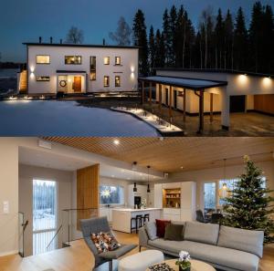 two pictures of a house at night at Villa Forest -private location, sauna and jacuzzi in Rovaniemi