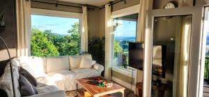 a living room with a white couch and a tv at Panoramic River Views - Nature Framed in Every Window in Kelso
