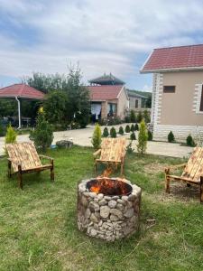 two benches and a fire pit in a yard at Zeyvə Farm House 