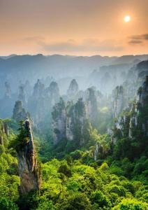 a man stands on the edge of a cliff overlooking a valley at Zhangjiajie Han Exotic Inn in Zhangjiajie