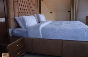 a bedroom with a blue bed with a wooden headboard at Wadi Rum in Al Jafr