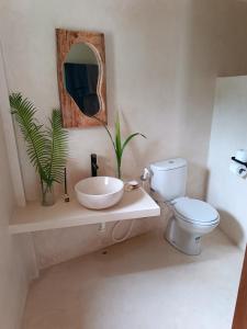 a bathroom with a sink and a toilet and a mirror at Sonnenhouse Lombok Kertaraharja in Luk