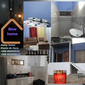 un collage di quattro immagini di una casa blu di Ponta Family holiday house a Ponta do Ouro