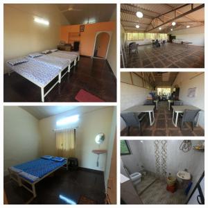 four pictures of a room with a bed and tables at Devraai Homestay 