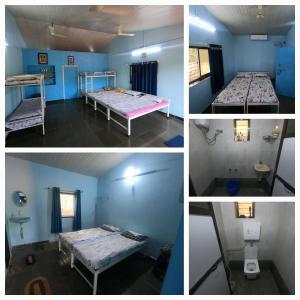 four pictures of a room with two beds and a bathroom at Devraai Homestay 