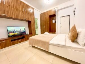een slaapkamer met een groot bed en een flatscreen-tv bij Central Address Studio 16 in Boekarest