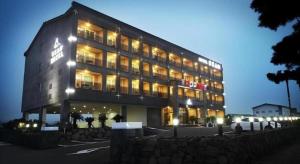 a large building with lights on it at night at Sea View Hotel in Naedo-dong