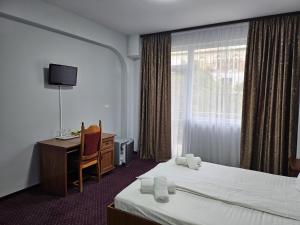 フォクシャニにあるHotel Ambasadorのベッド2台と机と窓があるホテルの部屋