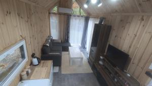 a small living room with a couch and a tv at Domek Brzóze Duże 