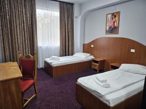 フォクシャニにあるHotel Ambasadorのベッド2台と椅子があるホテルの部屋
