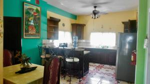 ベリーズシティにあるSee Belize WATERSIDE Sea View Apt for 6 with Kitchen, Balcony, Infinity POOL & Overwater Deck, 2nd Floorの緑の壁のキッチン(テーブル、冷蔵庫付)