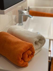 two towels sitting on a counter next to a sink at Ferienwohnung Schreiter in Arnsfeld +15 photos