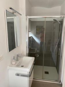 a bathroom with a shower and a sink and a mirror at Casa Emma in Monteggio