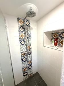 a bathroom with a shower and a tile wall at L'intime in Dingsheim +6 photos