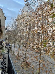 un grupo de árboles frente a un edificio en Studio Old Town with Jacuzzi and View, en Bucarest