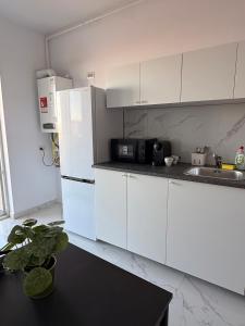 cocina blanca con nevera y fregadero en Rodin Residence-New Apartment with Self Check In, en Colentina