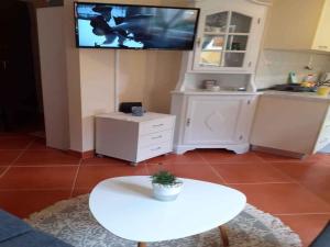 a living room with a white table and a tv on the wall at Apartment in Rovinj - Istrien 43942 in Štanga