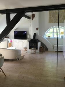 a living room with a couch and a fireplace at Historisches Designer Loft Nähe Waldorfer Höfe in Ochtendung