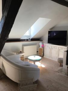 a living room with a couch and a tv at Historisches Designer Loft Nähe Waldorfer Höfe in Ochtendung