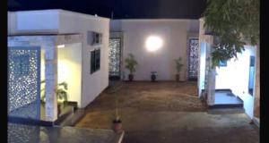 KikaEspace Romane的一个大房间里有一栋白色建筑，里面有两株植物。