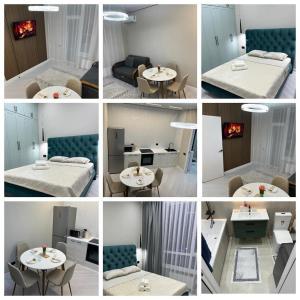 a collage of photos of a room with a bed and tables at Elexus Estate in Astana