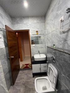 a bathroom with a sink and a toilet in it at Hotel Narayan Vilas , Jaipur in Jaipur